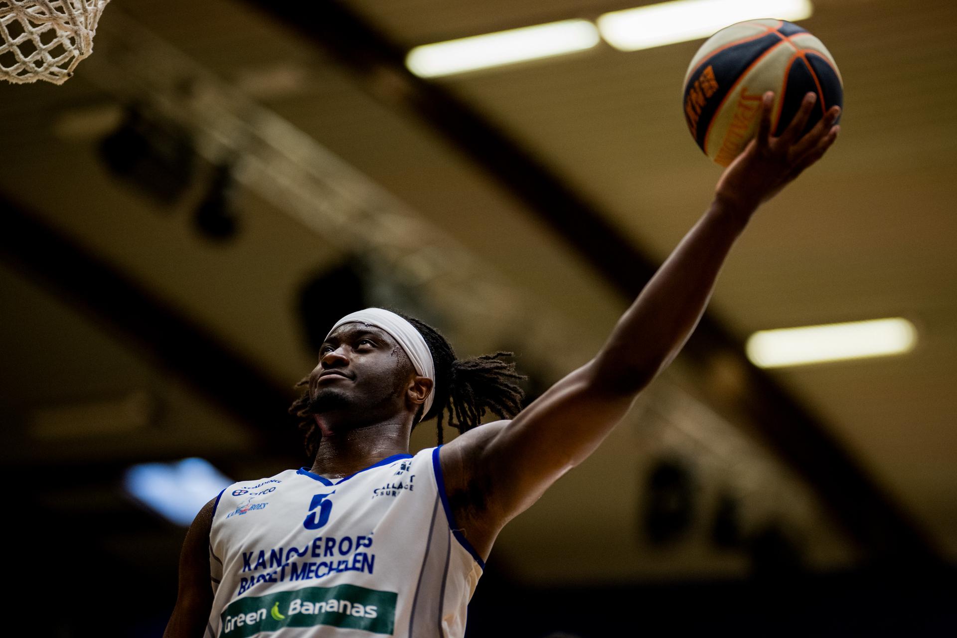 Mechelen's Zaba Bangala pictured in action during a basketball match between Kangoeroes Mechelen and Limburg United, Tuesday 20 May 2025 in Mechelen, a semi final game (1st leg, best-of-5) in the playoffs of the 'BNXT League' Belgian/ Dutch first division basket championship. BELGA PHOTO JASPER JACOBS
