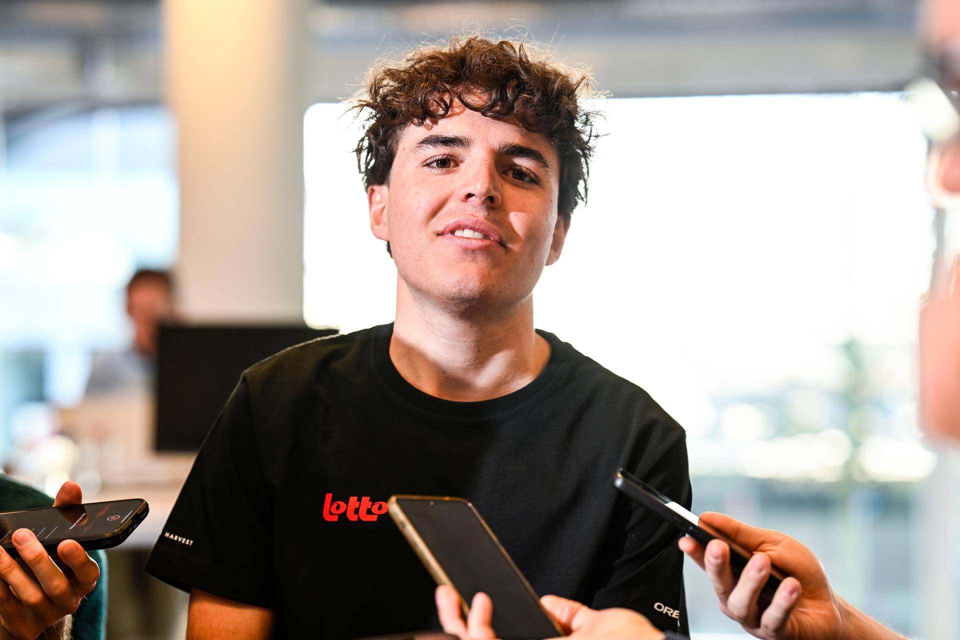 Belgian Jarno Widar of Lotto Dstny Development Team speaks with the press at the Lotto Cycling Team media day, in Temse, Friday 03 January 2025. BELGA PHOTO GOYVAERTS