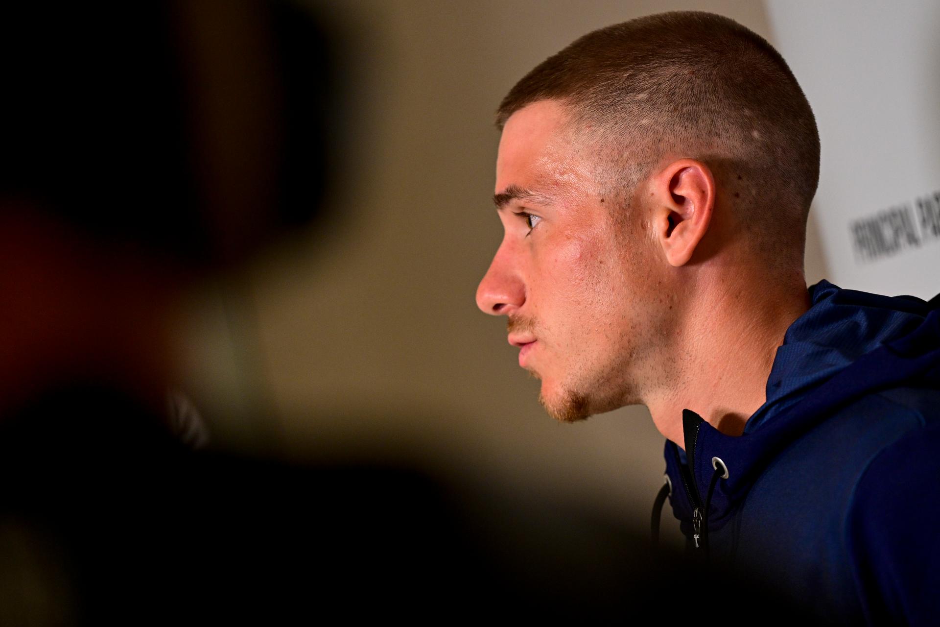 Belgian Remco Evenepoel pictured during a press conference before the cycling road World Championship, in Kigali, Rwanda, Friday 19 September 2025. The road world championships are taking place from 21 to 28 September. BELGA PHOTO DIRK WAEM