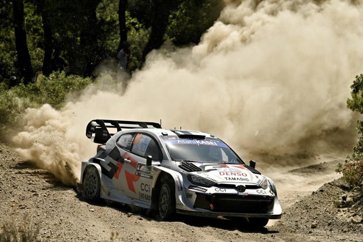 Finland's Kalle Rovanpera and his co-driver Jonne Halttunen drive their Toyota GR Yaris Rally 1 at the special stage Agioi Theodoroi during the Acropolis Rally in Agioi Theodoroi on June 27, 2025.  Valerie GACHE / AFP