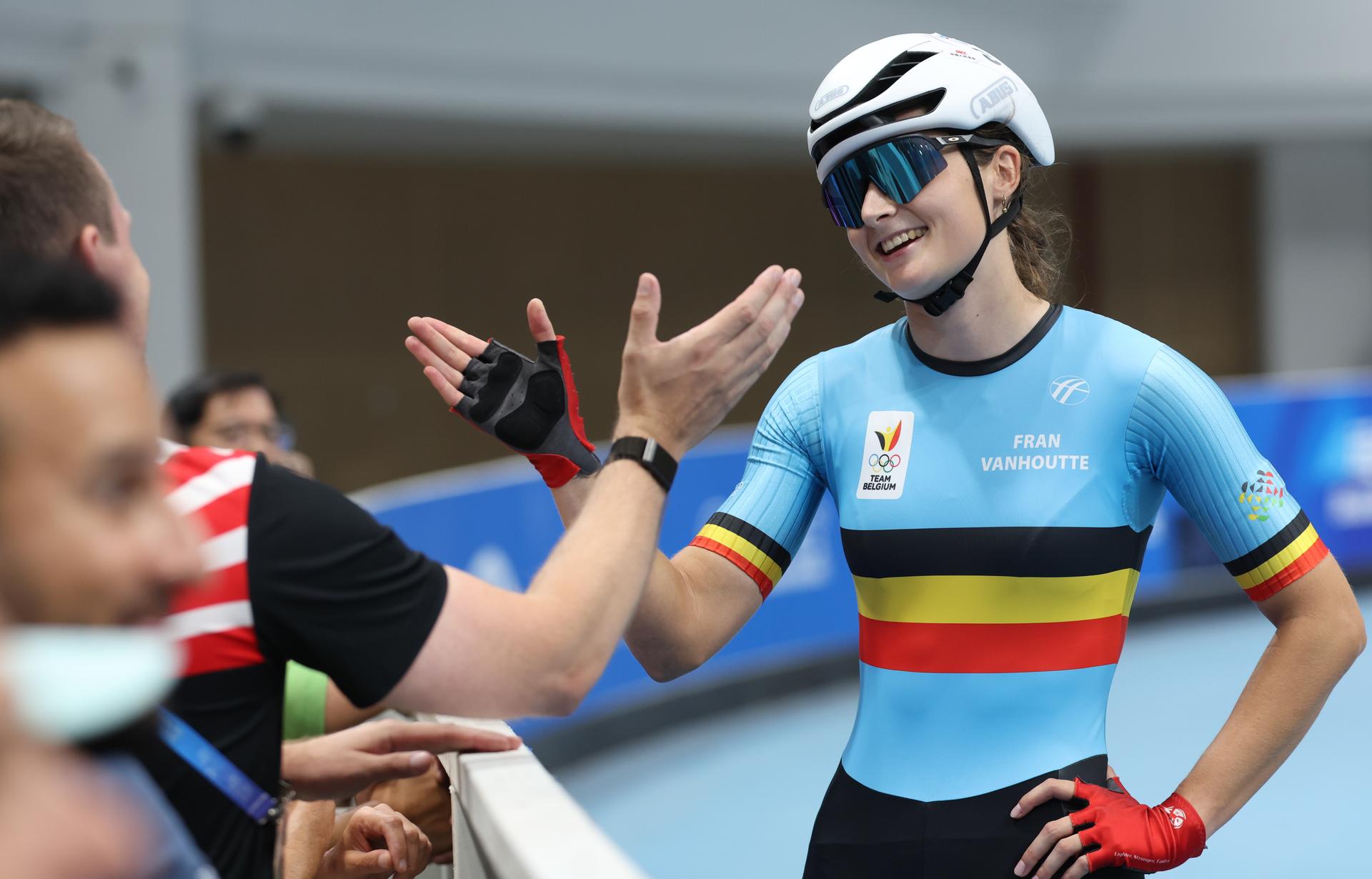 Belgian Fran Vanhoutte pictured after the Women's Speed Skating Track Dual Time Trial 200m final of speed skating competition during the World Games 2025, in Chenghdu, China, on Thursday 14 August 2025. This year, the World Games take place from 07 to 17 augustus. BELGA PHOTO VIRGINIE LEFOUR