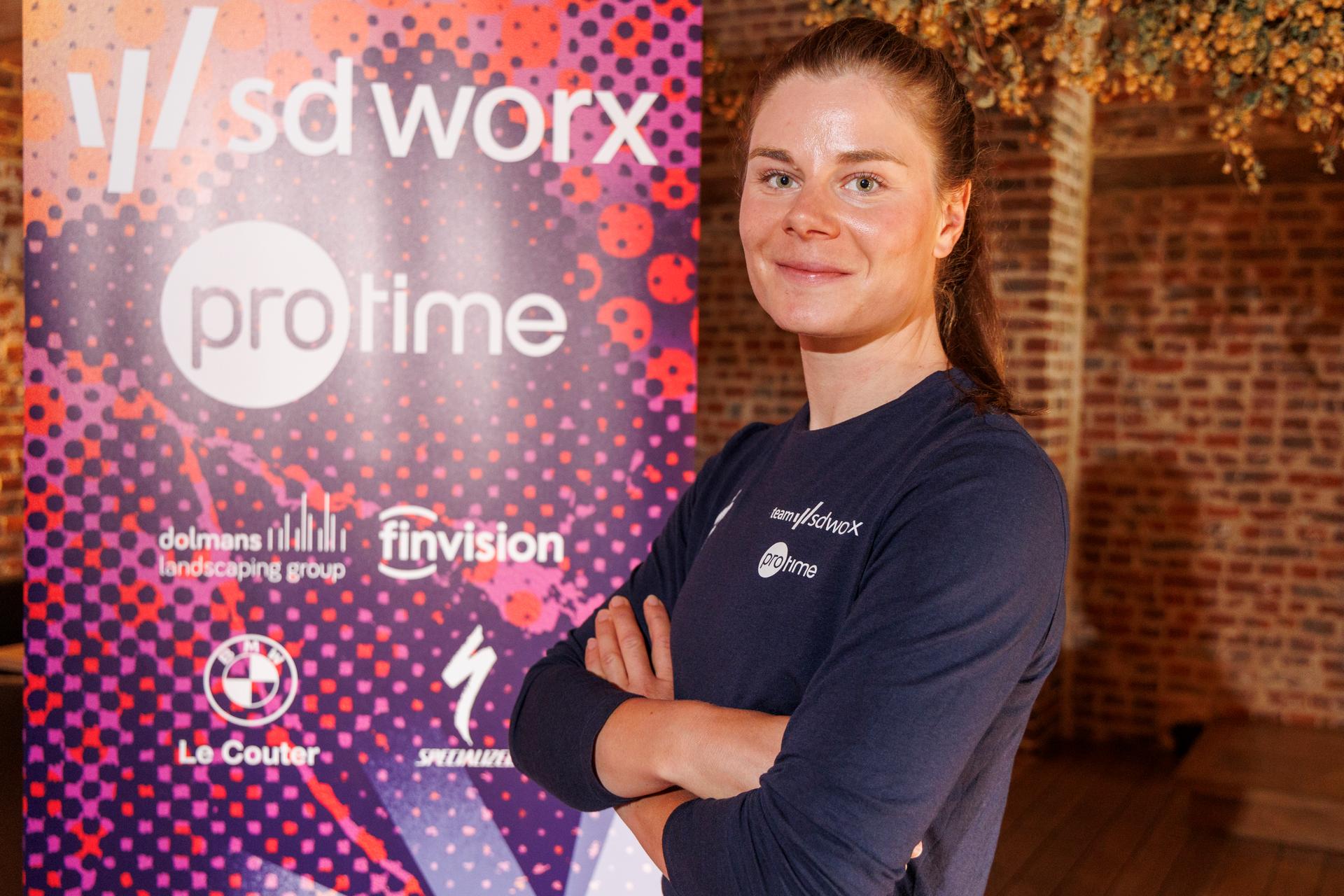 Belgian Lotte Kopecky of SD Worx-Protime pictured during a press conference of the SD Worx-Protime cycling team ahead of the Ronde van Vlaanderen / Tour des Flandres / Tour of Flanders cycling race, Thursday 03 April 2025 in Aalst. The 109th edition of the cycling race will take place on Sunday 06 April. BELGA PHOTO NICOLAS MAETERLINCK