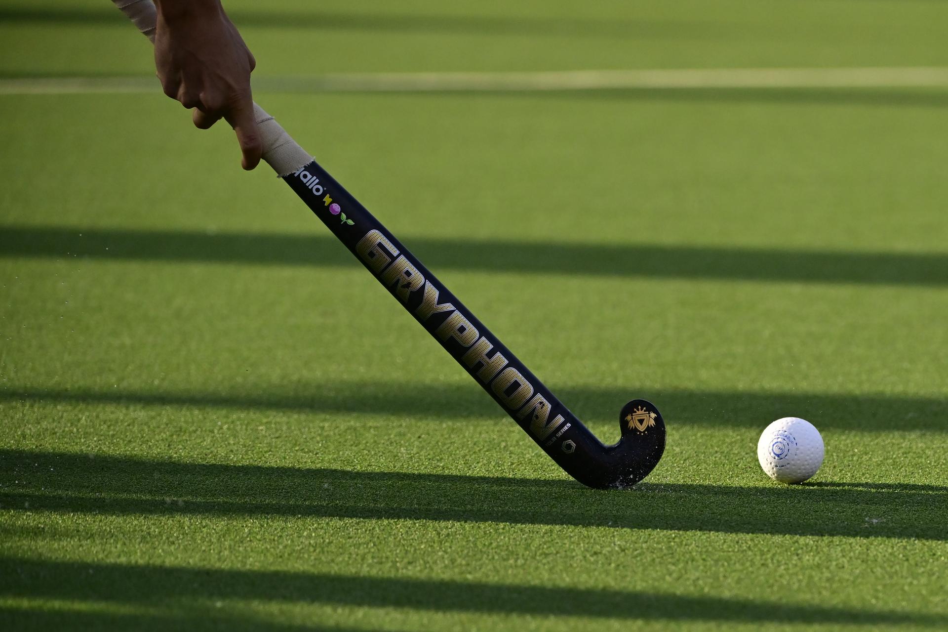 Illustration picture shows a hockey stick and ball on the pitch, during a hockey game between Belgian national team Red Lions and Ireland, match 5/16 in the group stage of the 2024 Men's FIH Pro League, Wednesday 22 May 2024, in Antwerp.  BELGA PHOTO DIRK WAEM