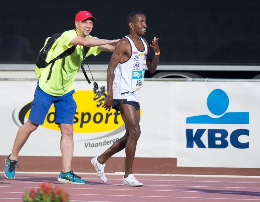 20150718 - HEUSDEN-ZOLDER, BELGIUM: Peter Robbens and Belgian Bashir Abdi pictured after the men's 5000m at the 13th edition of the 'KBC Nacht' athletics meeting, Saturday 18 July 2015, in Heusden-Zolder. Abdi qualified for the World Championships in Beijing. BELGA PHOTO JASPER JACOBS