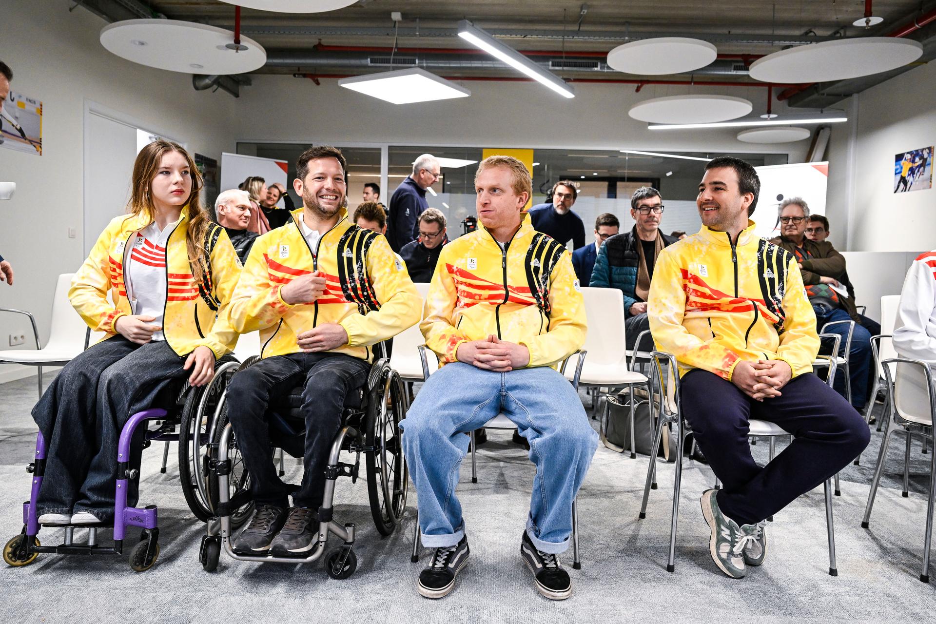 Belgian skier Marte Goossen, Belgian skier Jeremie Pregardien, Belgian skier Maximilien Seeger and Belgian ski guide Jeremy Mestdagh pictured at a press conference of the Paralympic Team Belgium to present the athletes representing Belgium at the 2026 Paralympic Winter Games in Cortina d'Ampezzo and Milan (from March 6 to 15), on Tuesday 24 February 2026, in Brussels. BELGA PHOTO TOM GOYVAERTS
