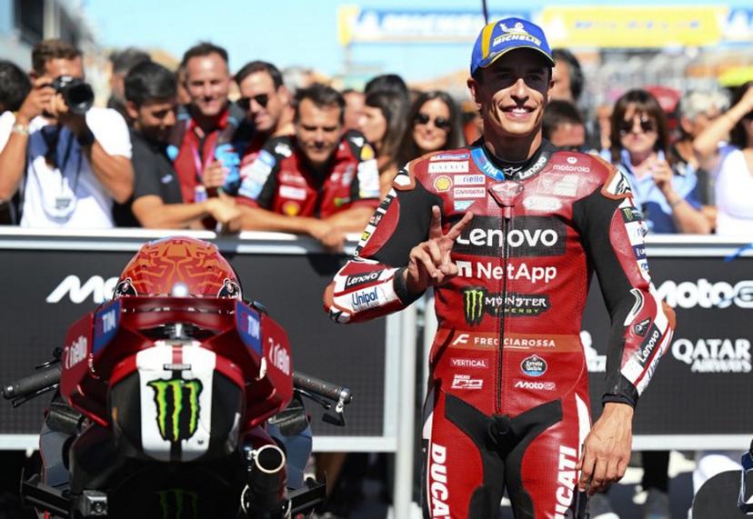 Team Ducati Lenovo Team's Marc Marquez celebrates his second place after the qualifying session of the MotoGP Aragon Grand Prix at the Motorland circuit in Alcaniz, northeastern Spain, on August 29, 2026.  Jose Jordan / AFP