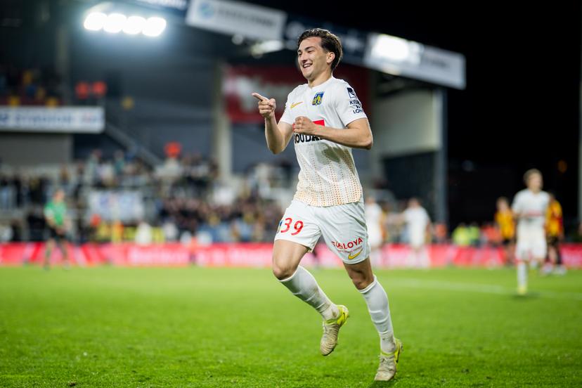 Westerlo's Thomas Van Den Keybus celebrates after scoring during a soccer match between KV Mechelen and KVC Westerlo, Tuesday 22 April 2025 in Mechelen, on day 5 (out of 10) of the Europe Play-offs of the 2024-2025 'Jupiler Pro League' first division of the Belgian championship. BELGA PHOTO JASPER JACOBS