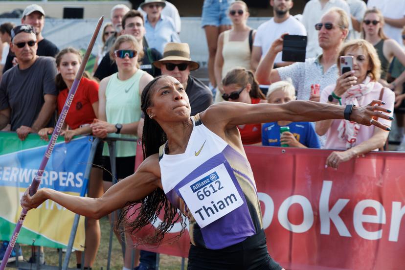 Belgian athlete Nafissatou 'Nafi' Thiam pictured in action during Belgian Nafissatou Nafi Thiam pictured during the Javelin Trower Festival (Speerwerperfestival) of Sint-Niklaas, on Sunday 10 August 2025. BELGA PHOTO NICOLAS MAETERLINCK