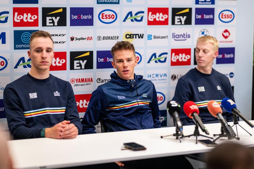 Belgian Niels Vandeputte, Belgian Thibau Nys and Belgian Michael Vanthourenhout pictured during a press conference of the Belgian team ahead of the UCI Cyclocross World Championships in Hulst, The Netherlands, on Friday 30 January 2026, in Sint-Niklaas. BELGA PHOTO DAVID PINTENS