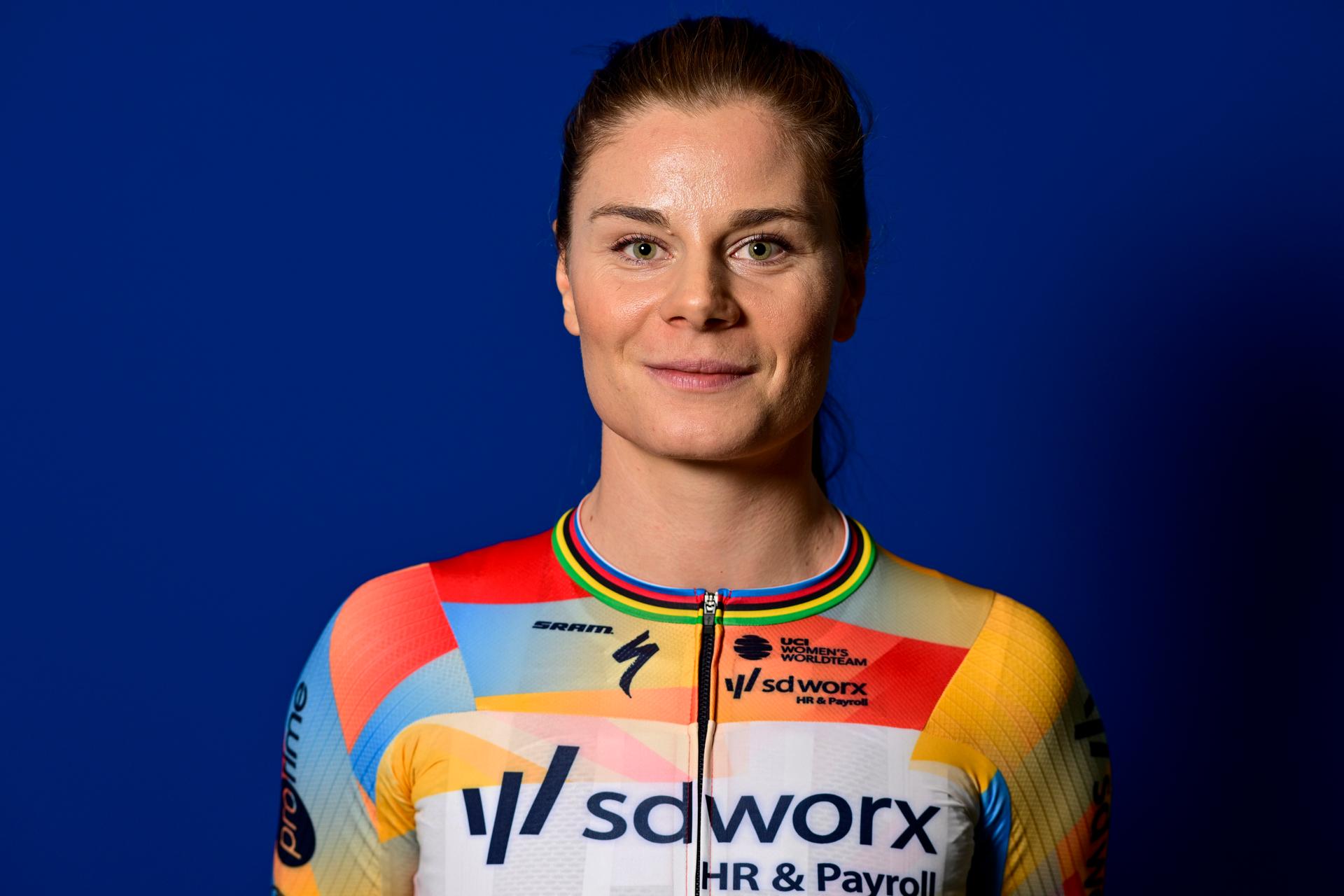 Belgian Lotte Kopecky poses for the photographer at the team presentation of the Team SD Worx-Protime cycling team, at the photography museum (FOMU), in Antwerp, Thursday 08 January 2026. BELGA PHOTO DIRK WAEM