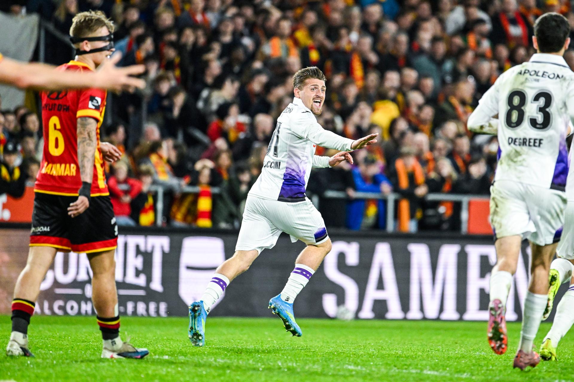 Anderlecht's Adriano Bertaccini celebrates after scoring during a soccer match between KV Mechelen and RSC Anderlecht, Saturday 18 April 2026 in Mechelen, on the third day of the Champion's Play-offs (PO1) of the 2025-2026 'Jupiler Pro League' first division of the Belgian championship. BELGA PHOTO TOM GOYVAERTS