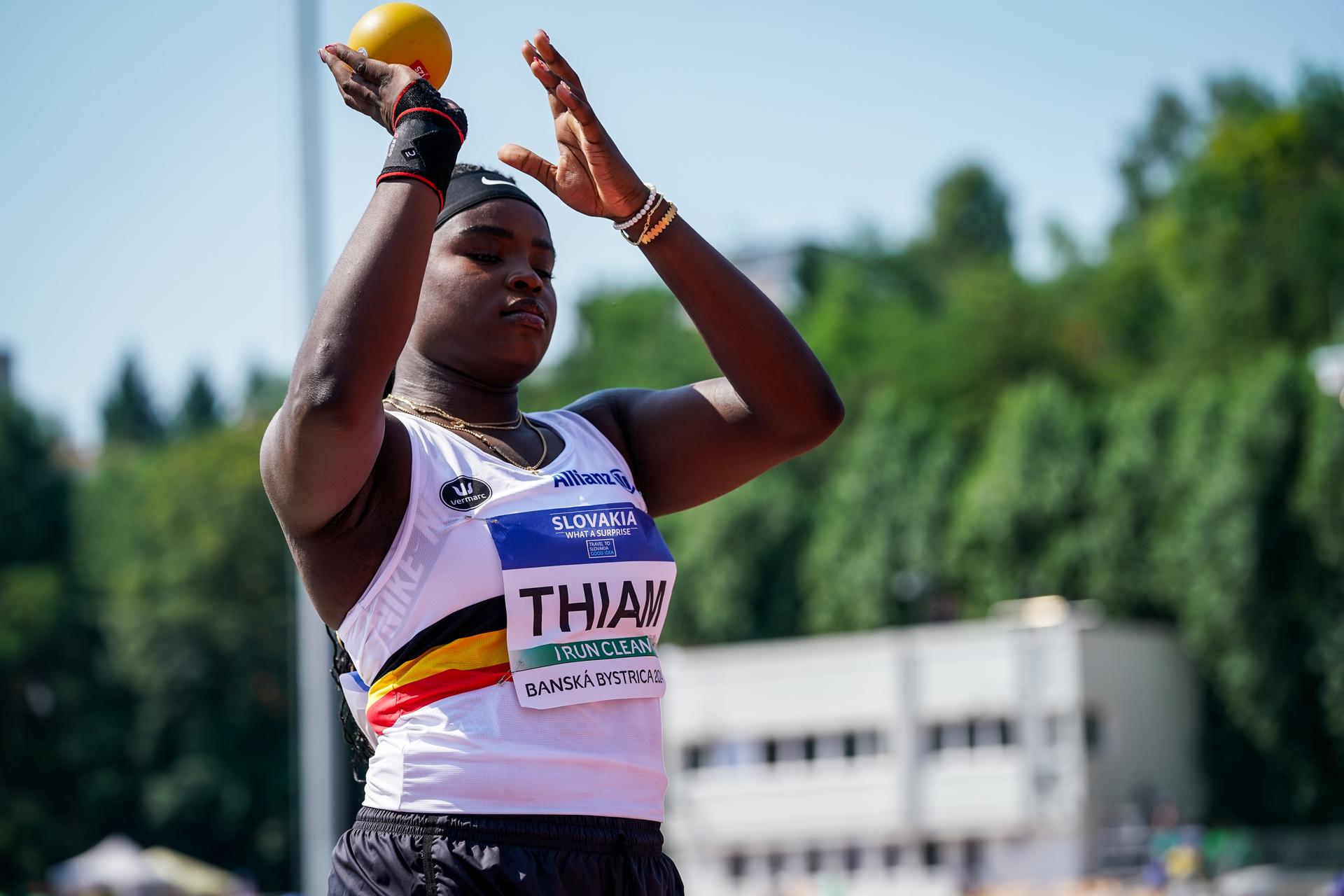 Belgian Nafy Thiam pictured in action during the qualifications of the shot put event at the European Athletics U18 Championships, in Banska Bystrica, Slovakia, Thursday 18 July 2024. The European U18 championships take place from 18 to 21 July.  BELGA PHOTO COEN SCHILDERMAN