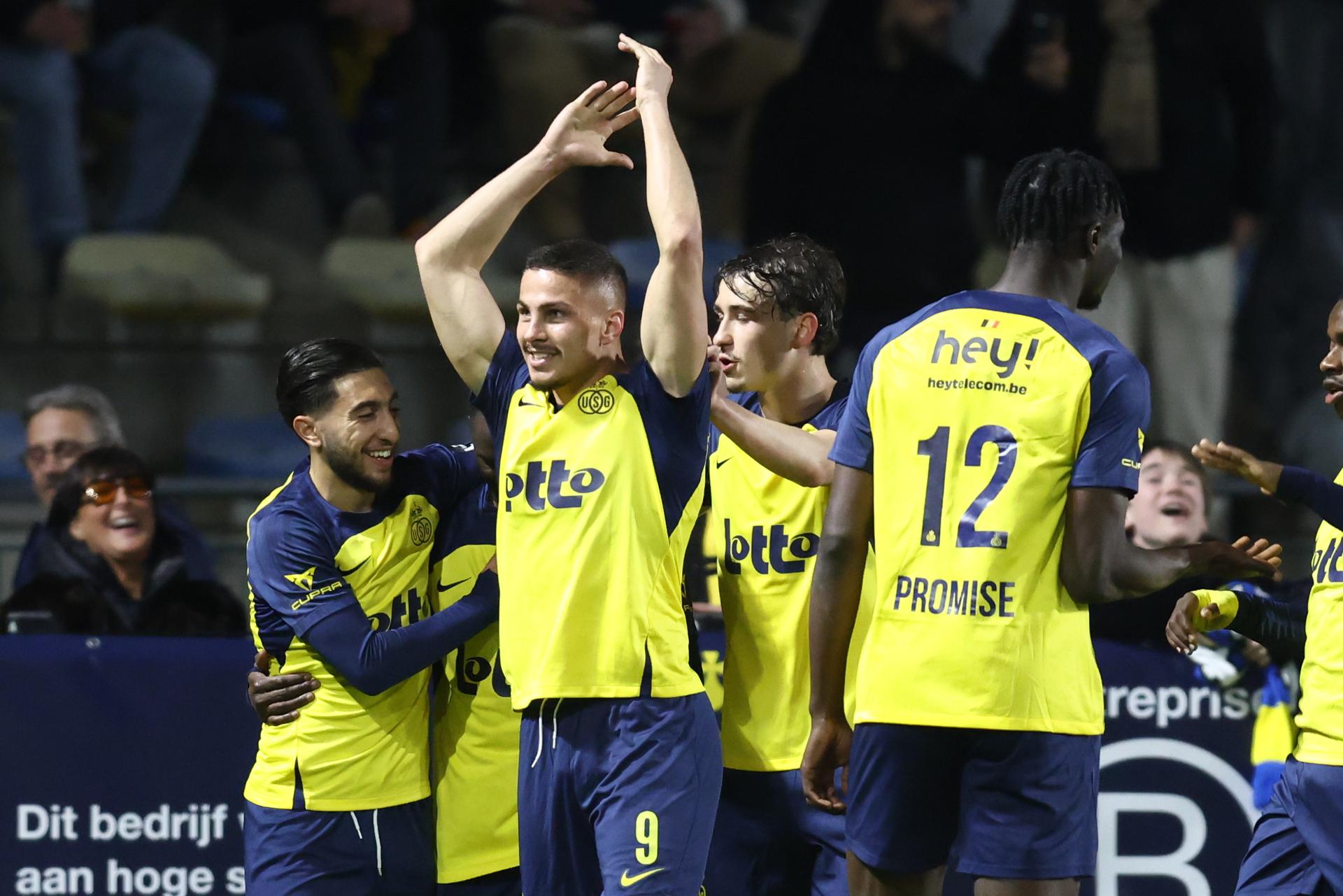 Union's Franjo Ivanovic celebrates after scoring during a soccer match between Royale Union Saint-Gilloise and Royal Antwerp FC, Saturday 29 March 2025 in Brussels, on day 1 (out of 10) of the Champions' Play-offs of the 2024-2025 'Jupiler Pro League' first division of the Belgian championship. BELGA PHOTO BRUNO FAHY