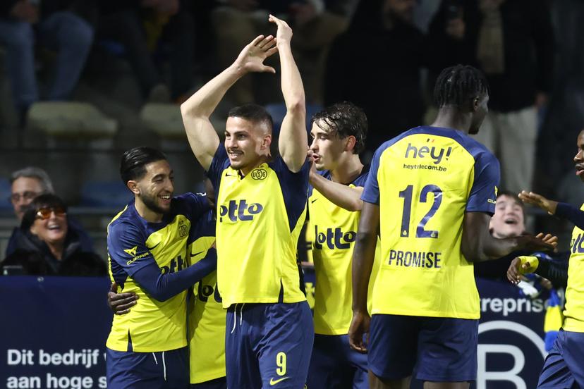 Union's Franjo Ivanovic celebrates after scoring during a soccer match between Royale Union Saint-Gilloise and Royal Antwerp FC, Saturday 29 March 2025 in Brussels, on day 1 (out of 10) of the Champions' Play-offs of the 2024-2025 'Jupiler Pro League' first division of the Belgian championship. BELGA PHOTO BRUNO FAHY