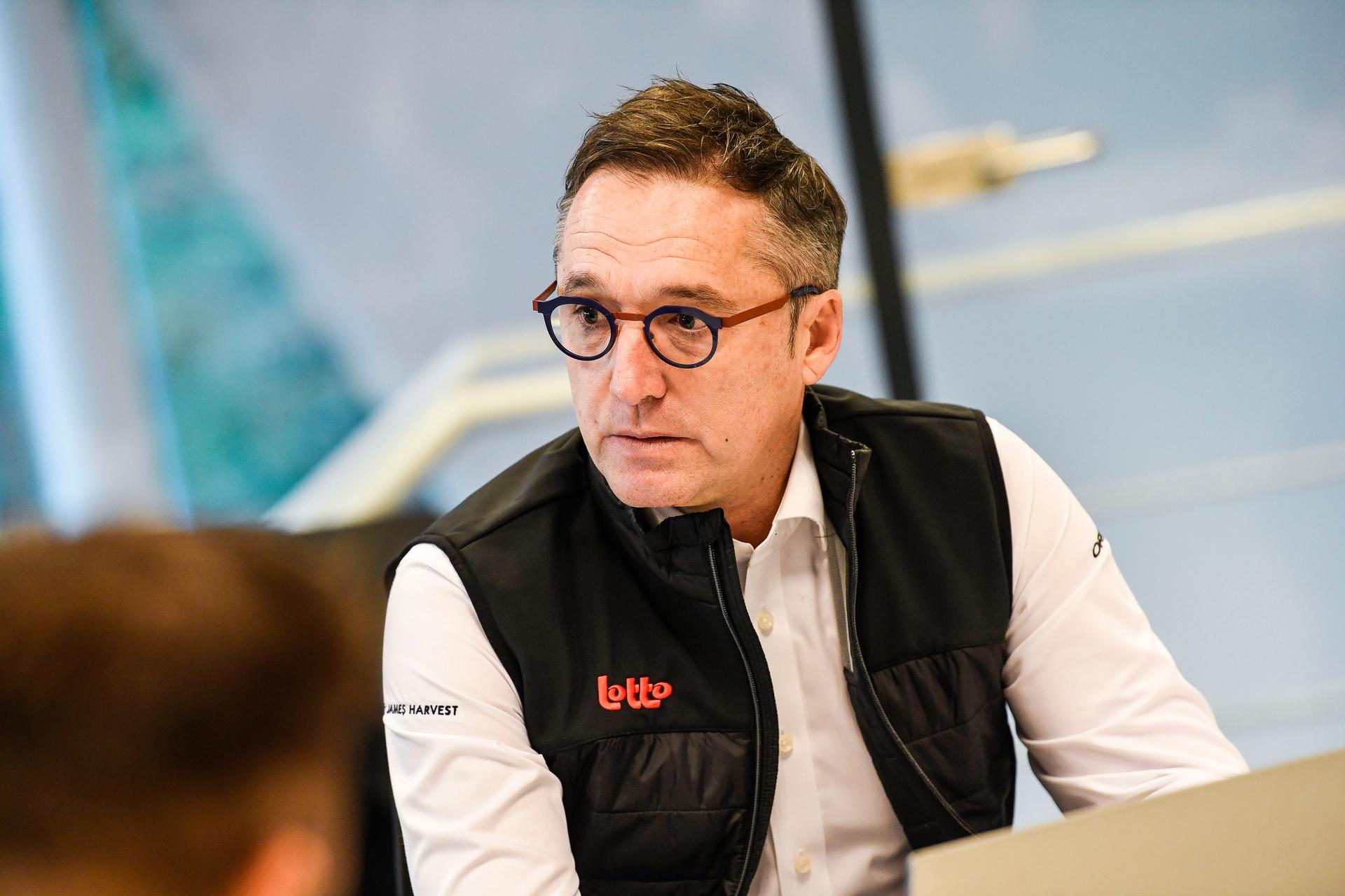 Lotto Dstny CEO Stephane Heulot speaks with the press at the Lotto Cycling Team media day, in Temse, Friday 03 January 2025. BELGA PHOTO GOYVAERTS