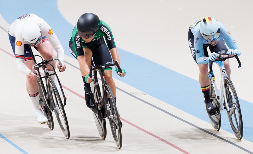 Belgian Helene Hesters pictured as she wins the bronze medal during the women's final elimination race at the 2025 UCI Track World Championships cycling, in Santiago, Chile, Thursday 23 October 2025. The Track World Championships take place from 22 to 26 October at the Velodromo de Penalolen in Santiago, Chile. BELGA PHOTO BENOIT DOPPAGNE