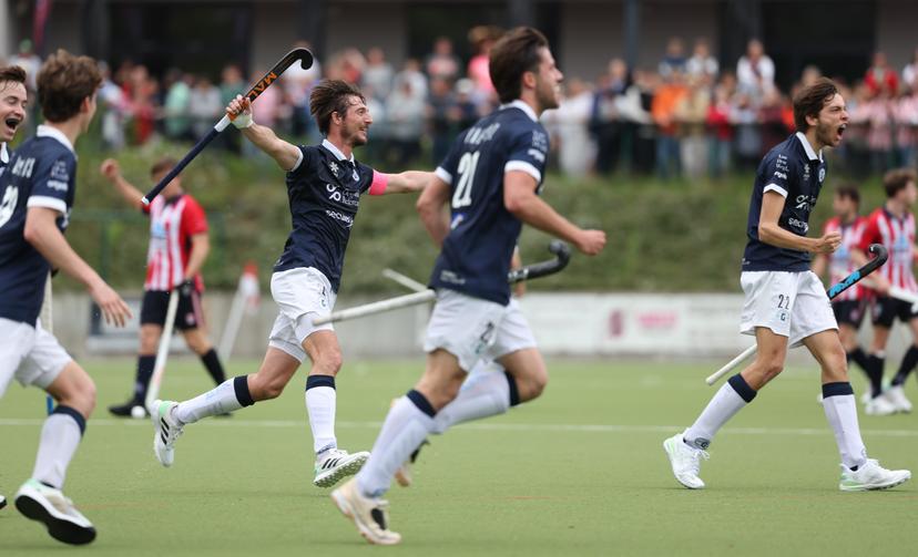 Gantoise's Etienne Tynevez celebrates after scoring during a hockey game between Royal Leopold Club and Gantoise, Sunday 05 May 2024, in Brussels, a return game in the Play-offs semi finals of the Belgian first division hockey championship. BELGA PHOTO VIRGINIE LEFOUR