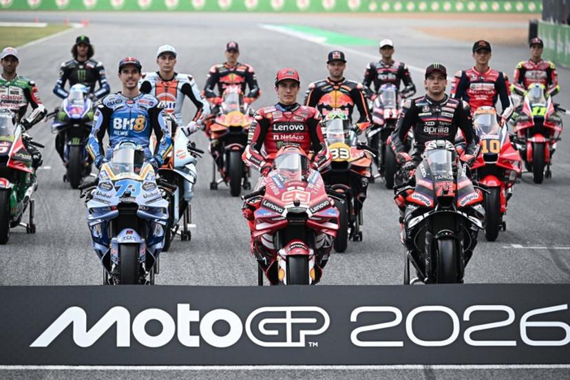 (From 3rd L) BK8 Gresini Racing MotoGP team's Spanish MotoGP rider Alex Marquez, Trackhouse MotoGP Team's Spanish rider Raul Fernandez, Ducati Lenovo Team's Spanish MotoGP rider Marc Marquez, Red Bull KTM Factory Racing team's South African MotoGP rider Brad Binder and Aprilia Racing team's Italian MotoGP rider Marco Bezzecchi pose for a group photo at the Buriram International Circuit in Buriram on February 26, 2026, ahead of the Thailand MotoGP Grand Prix.   Lillian SUWANRUMPHA / AFP