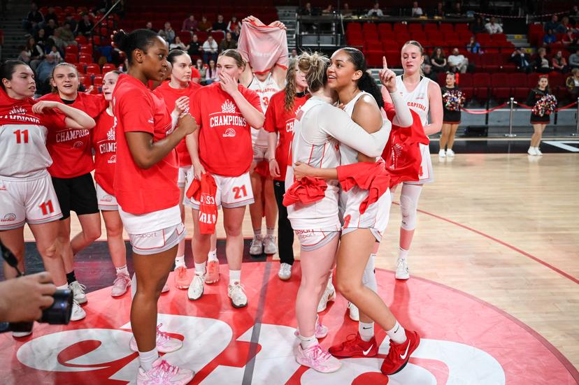 Namur's players celebrate after winning a basketball match between Royal Castors Braine and Basket Namur Capitale, Sunday 22 March 2026 in Charleroi, the final of the women's Belgian 2026 Basketball Cup. BELGA PHOTO ELIAS ROM