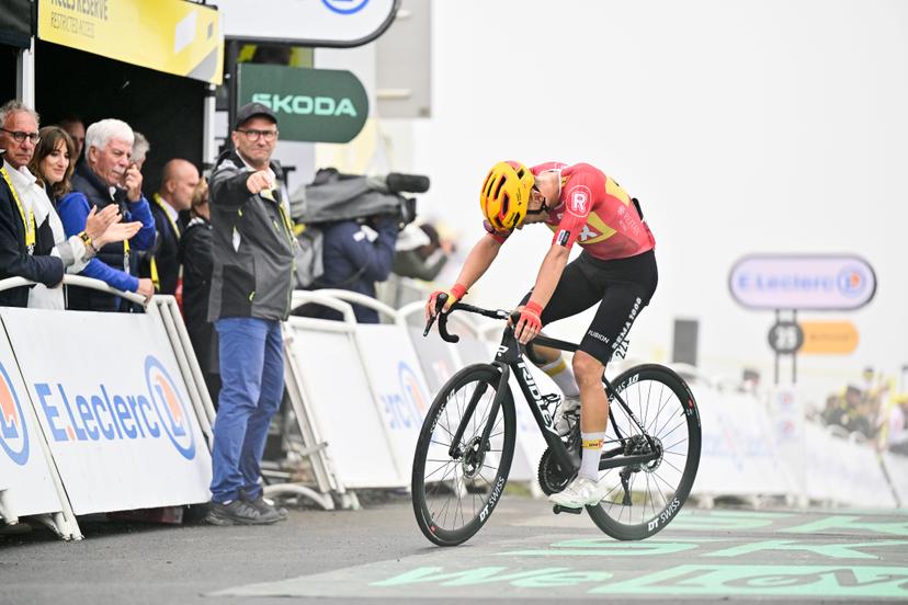 Norwegian Tobias Halland Johannessen of Uno-X Mobility crosses the finish line of stage 14 of the 2025 Tour de France cycling race, from Pau to Luchon-Superbagneres (183 km), on Saturday 19 July 2025 in France. The 112th edition of the Tour de France starts on Saturday 5 July in Lille, France, and will finish in Paris, France on the 27th of July. BELGA PHOTO DIRK WAEM
