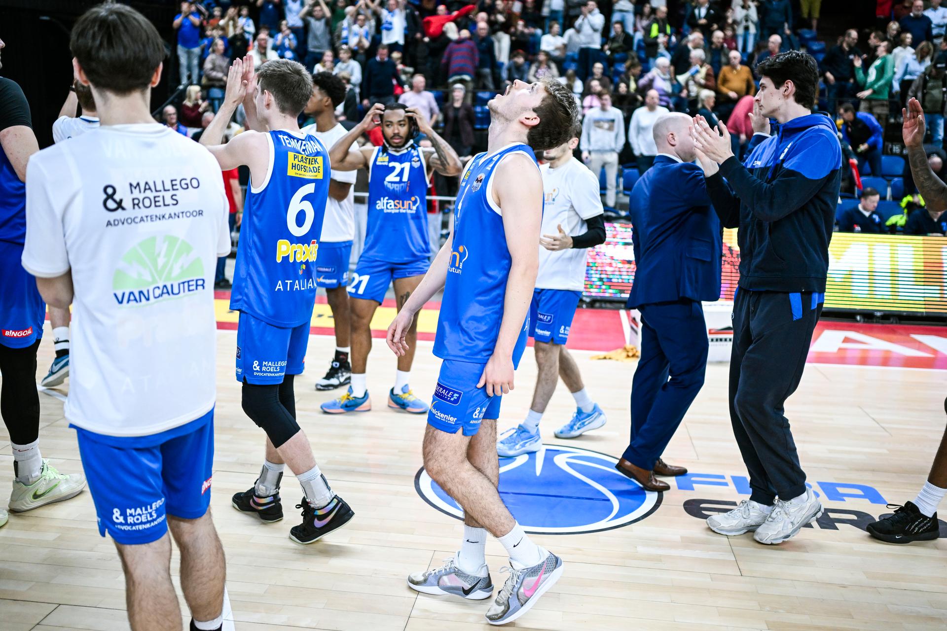 Aalst's Jasper Unal looks dejected after losing a basketball match between Antwerp Giants and Okapi Aalst, Friday 07 November 2025 in Antwerp, on day 7 of the 'BNXT League' Belgian/ Dutch first division basket championship. BELGA PHOTO TOM GOYVAERTS