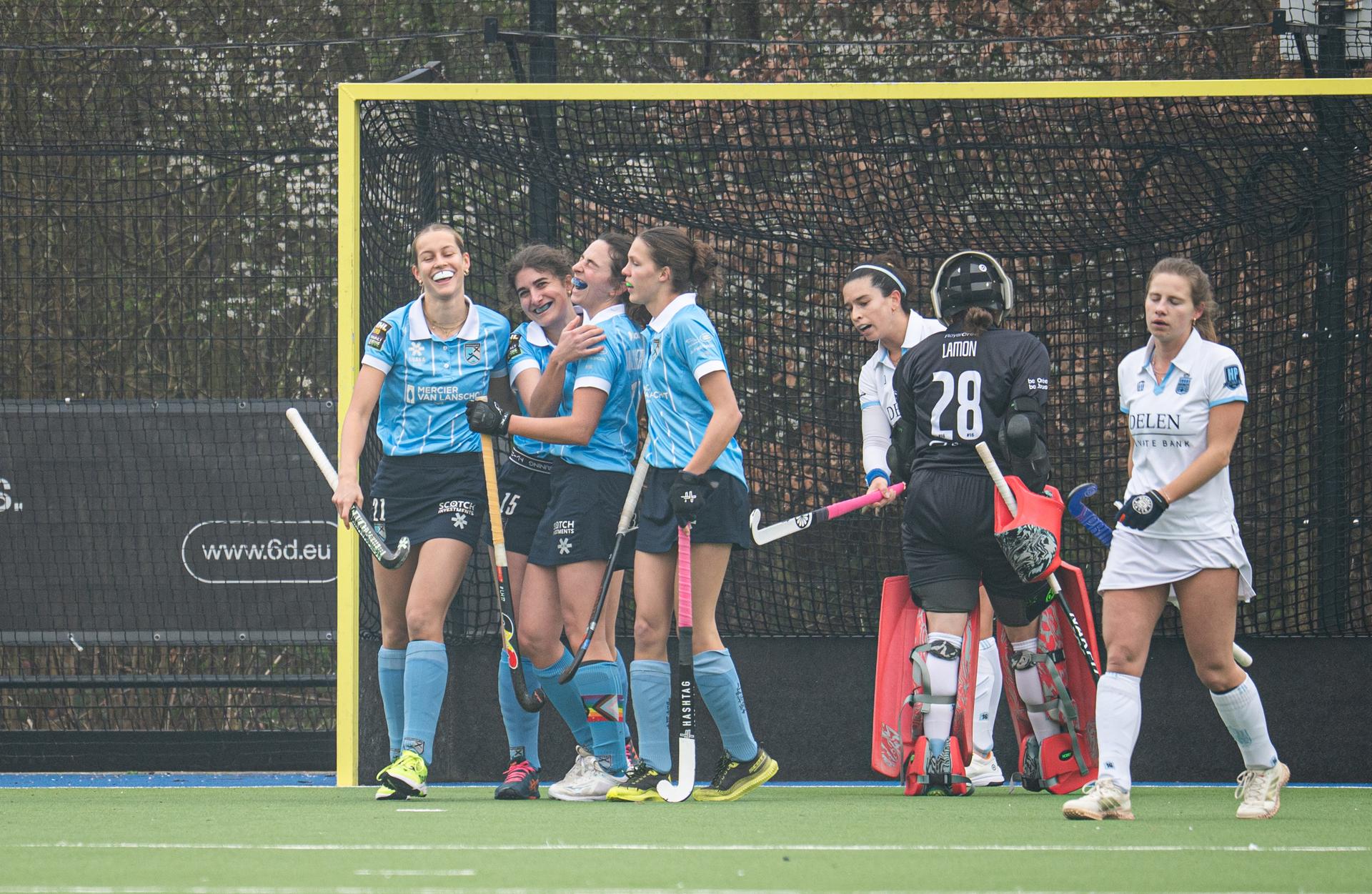 Braxgata's players celebrate after scoring during a hockey game between Braxgata and Royal Oree, Sunday 08 March 2026 in Boom, on day 13 of the Belgian first division hockey championship. BELGA PHOTO EMILE WINDAL