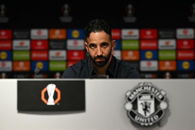 Manchester United's Portuguese head coach Ruben Amorim looks on during a press conference at Old Trafford in Manchester, north-west England on May 14, 2025 during a media day ahead of their UEFA Europa League final against Tottenham Hotspur. The UEFA Europa League final will take place on May 21 in Bilbao. Oli SCARFF / AFP