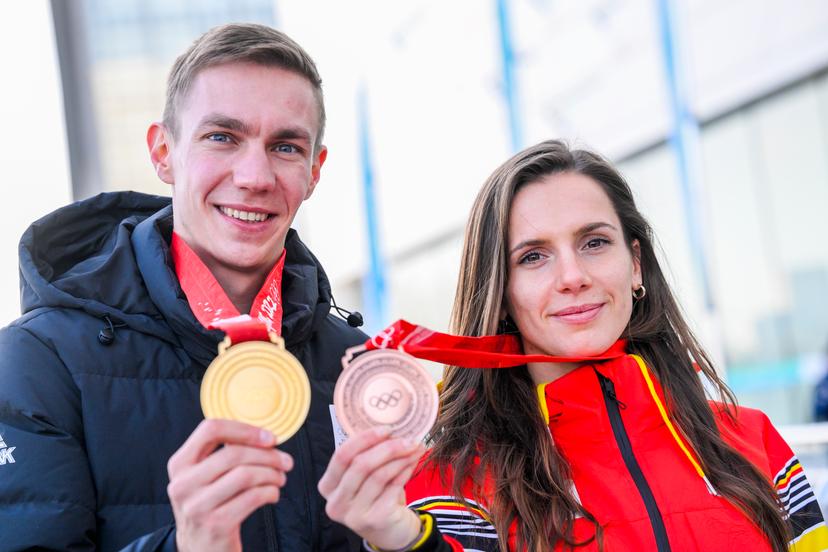 Belgian speed skating gold medallist Bart Swings and Belgian shorttrack skating bronze medallist Hanne Desmet pose for the photographer on the last day of the Beijing 2022 Winter Olympics in Beijing, China, Sunday 20 February 2022. The winter Olympics are taking place from 4 February to 20 February 2022. BELGA PHOTO LAURIE DIEFFEMBACQ