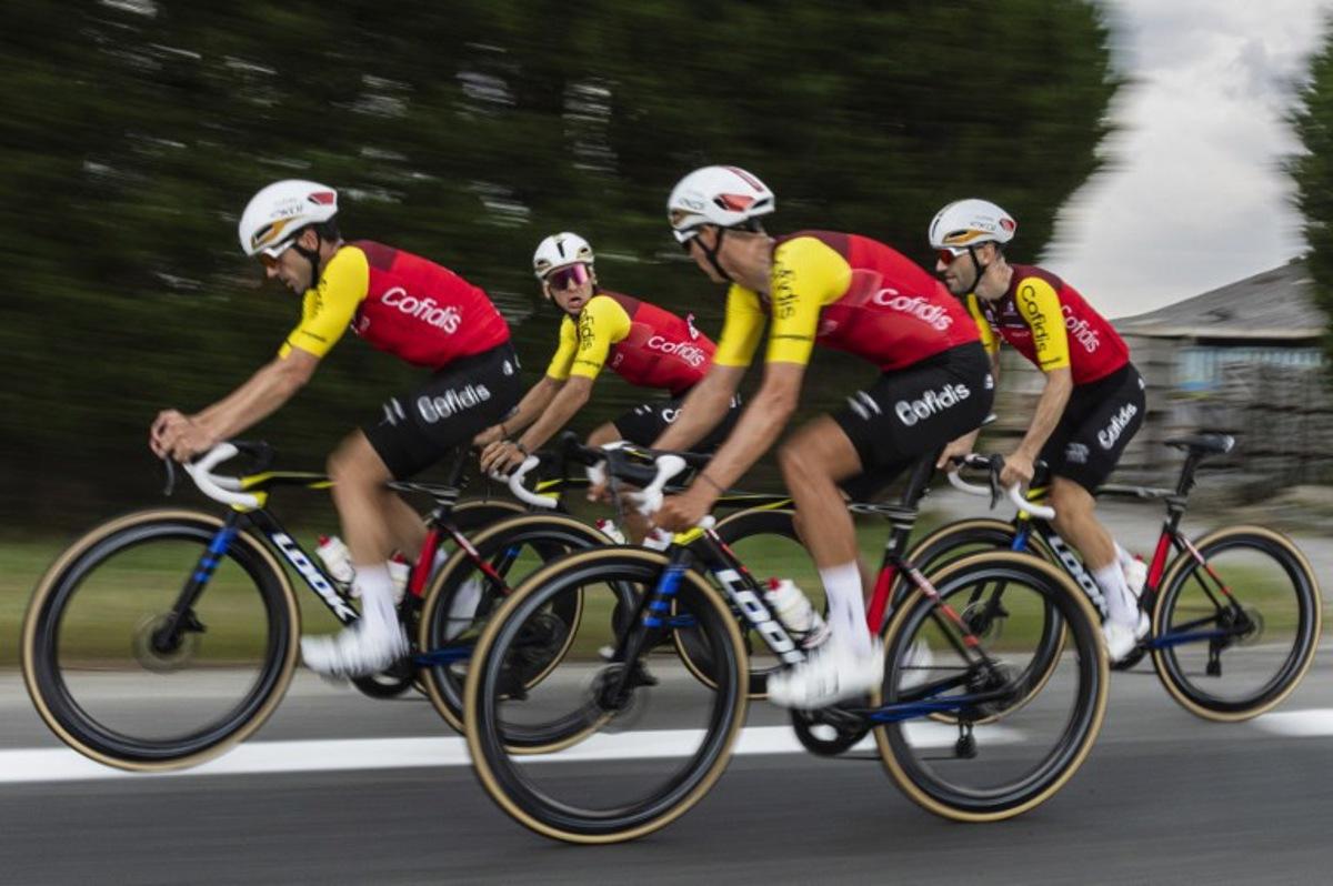Cofidis team's French rider Bryan Coquard (2L) cycles during a reconnaissance of the third stage of the Tour de France 2025, in the Pas-de-Calais department, northern France, on July 2, 2025, three days ahead of the start of the iconic French cycling race.  Sameer Al-DOUMY / AFP