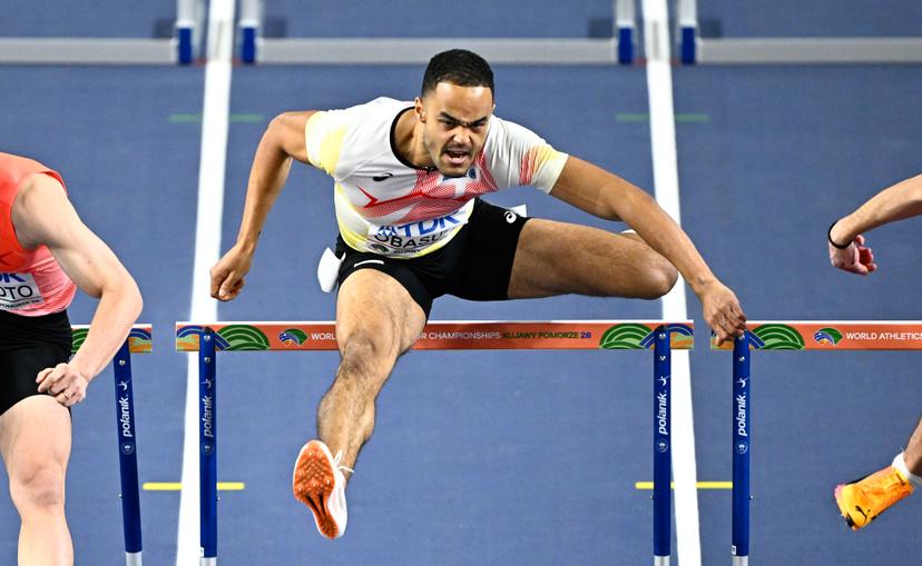 Belgian Michael Obasuyi pictured in action during the men's 60m hurdles, at and  the second day of the World Athletics Indoor Championship in Torun, Poland on Saturday 21 March 2026. The championships take place from 20 to 22 March. BELGA PHOTO JASPER JACOBS