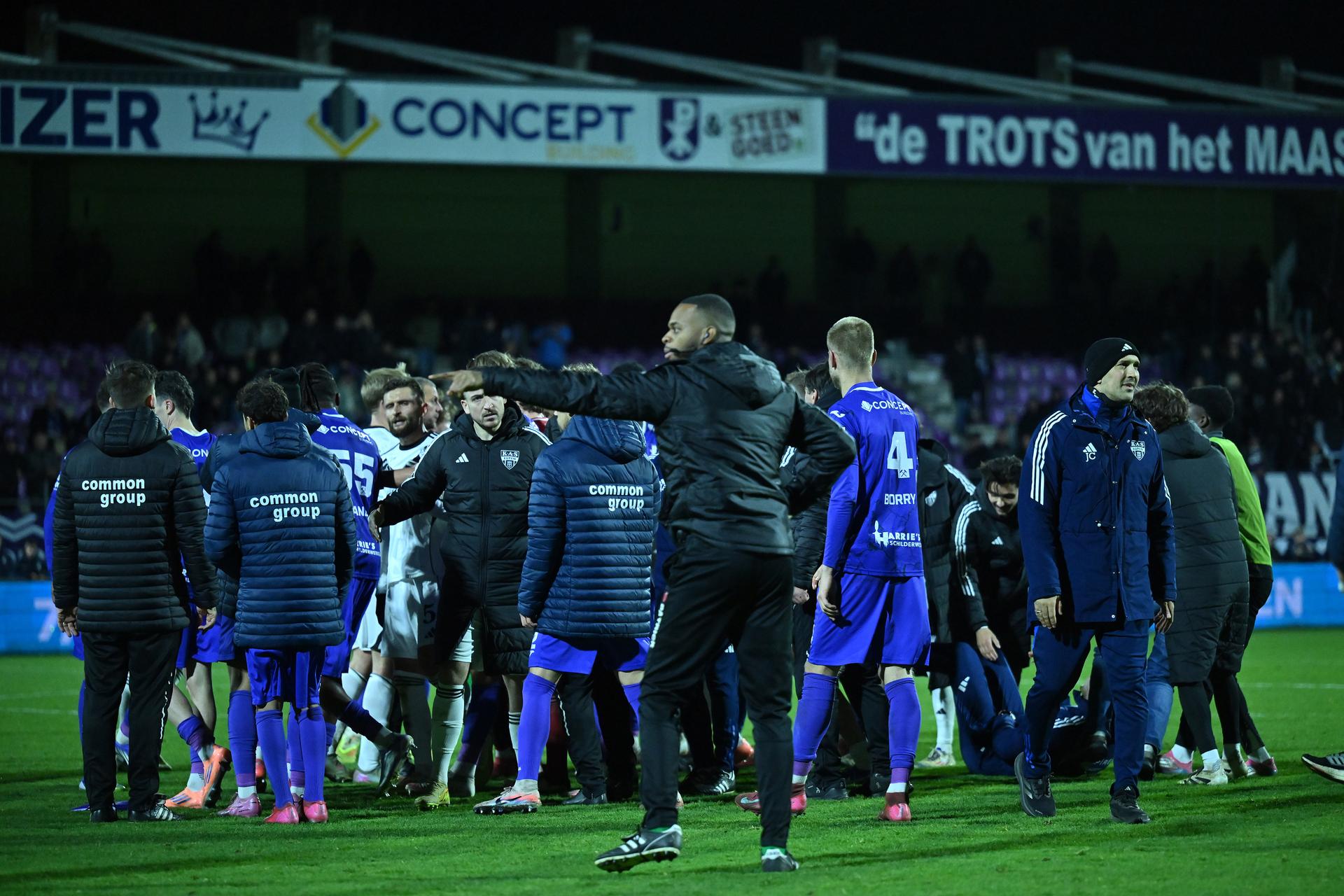 Illustration picture shows players reacting after a soccer game between Patro Eisden Maasmechelen and KAS Eupen, Thursday 18 December 2025 in Maasmechelen, on day 18 of the 2025-2026 'Challenger Pro League' 1B second division of the Belgian championship. BELGA PHOTO LUC CLAESSEN