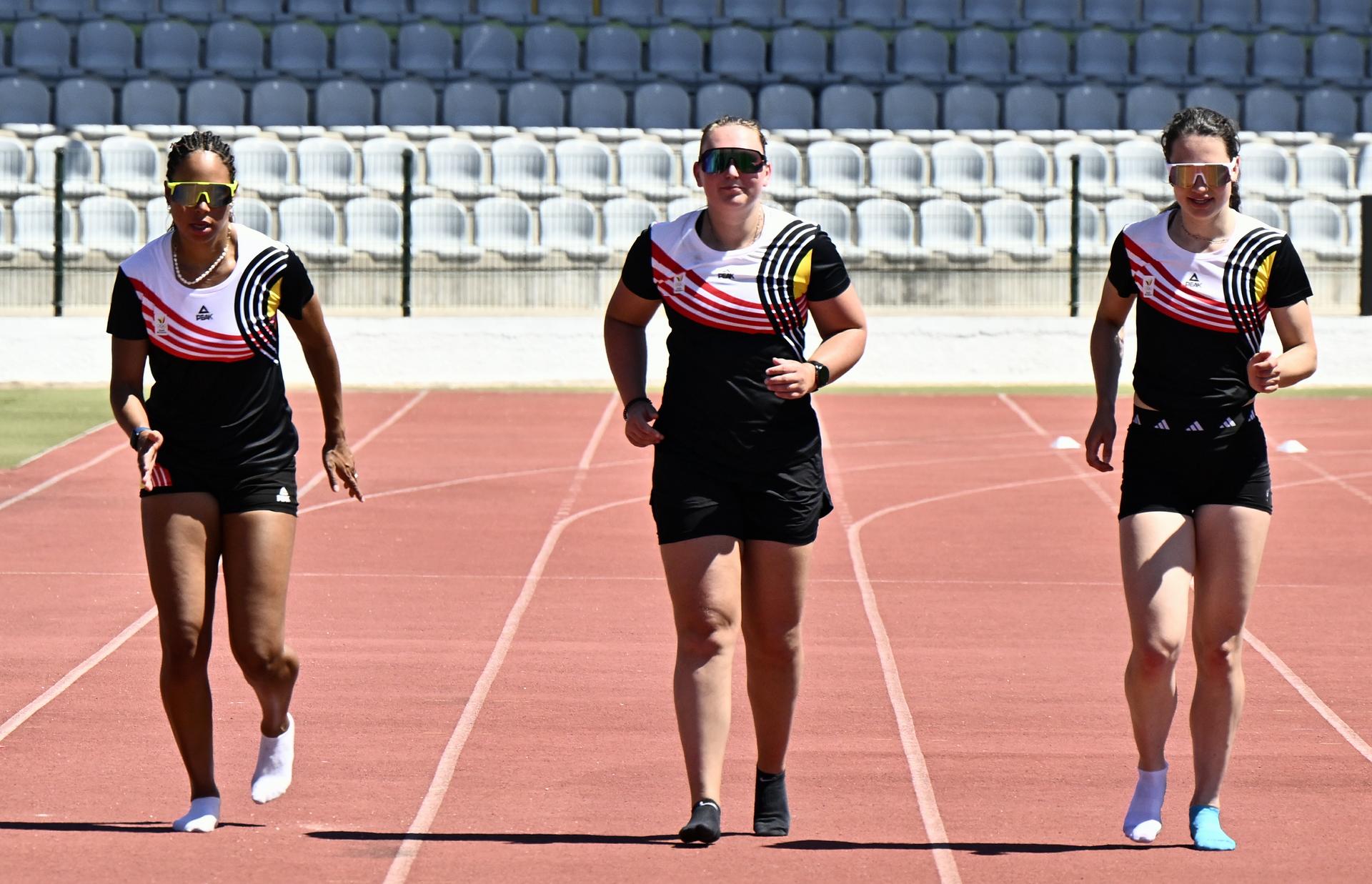 Athlete Jienity de Kler, Athlete Kelly Van Petegem and Athlete Xanthe Van Driessche pictured during the annual training camp of Team Belgium (19-25/05), in Rio Maior, Portugal, Saturday 24 May 2025. BELGA PHOTO ERIC LALMAND
