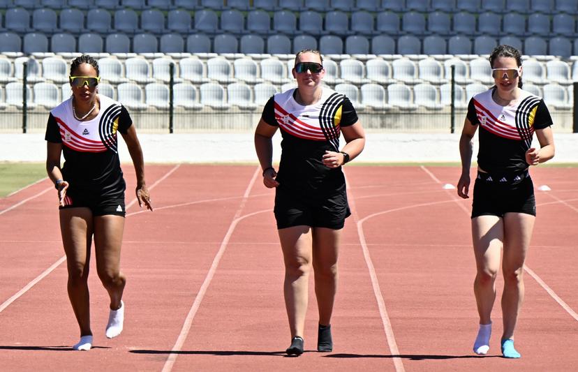 Athlete Jienity de Kler, Athlete Kelly Van Petegem and Athlete Xanthe Van Driessche pictured during the annual training camp of Team Belgium (19-25/05), in Rio Maior, Portugal, Saturday 24 May 2025. BELGA PHOTO ERIC LALMAND