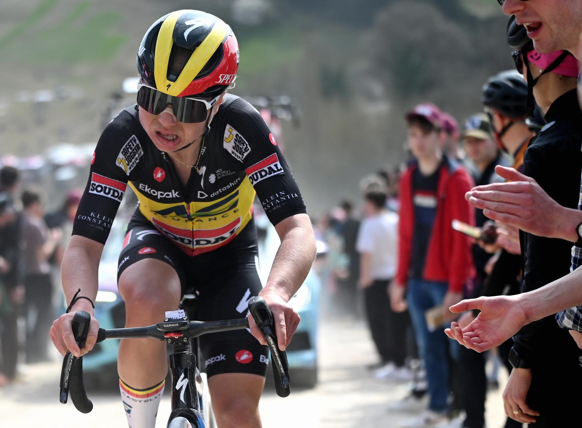 Belgian Justine Ghekiere of AG Insurance-Soudal Team pictured in action during the women elite 'Strade Bianche' one day cycling race, 133km from and to Siena, Italy, on Saturday 07 March 2026. BELGA PHOTO ELIAS ROM