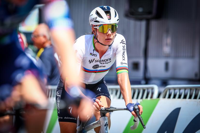Belgian Lotte Kopecky of SD Worx-Protime looks dejected as she crosses the finish line of the women's elite road race of the Belgian Cycling Championships, 132,8 km from and to the Grand Place square in Binche on Sunday 29 June 2025. BELGA PHOTO DAVID PINTENS