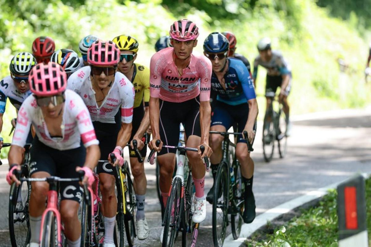 UAE Team Emirates XRG's Mexican rider Isaac Del Toro (C) rides during the 16th stage of the 108th Giro d'Italia cycling race of 203kms from Piazzola sul Brenta to San Valentino on May 27, 2025.  Luca Bettini / AFP