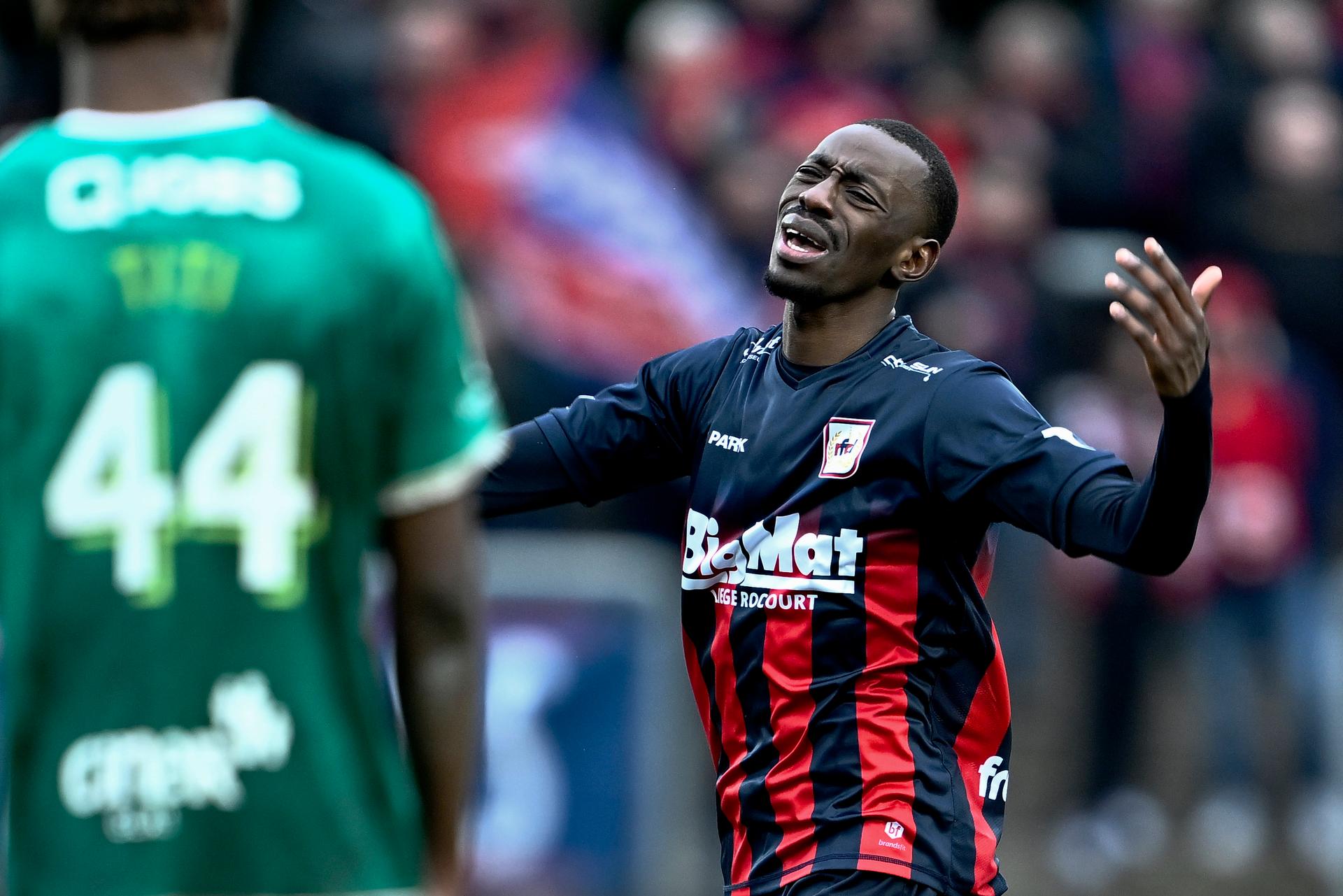 Liege's Jeremie Lioka Lima reacts during a soccer match between Lommel SK and RFC Liege, Sunday 26 January 2025 in Lommel, on day 19 of the 2024-2025 'Challenger Pro League' 1B second division of the Belgian championship. BELGA PHOTO JOHAN EYCKENS