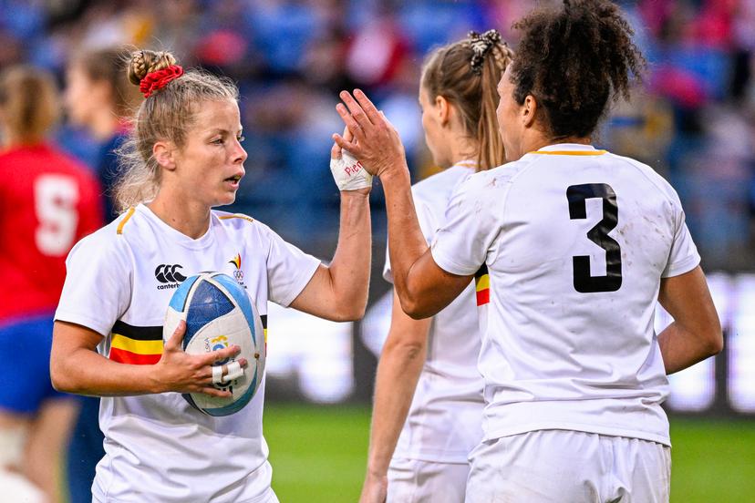Belgium's Heloise Stevins and Belgium's Emilie Musch celebrate during a rugby match between Belgium and Czech Republic for the third place, a at the women's Rugby Sevens tournament, at the European Games in Krakow, Poland on Tuesday 27 June 2023. The 3rd European Games, informally known as Krakow-Malopolska 2023, is a scheduled international sporting event that will be held from 21 June to 02 July 2023 in Krakow and Malopolska, Poland. BELGA PHOTO LAURIE DIEFFEMBACQ