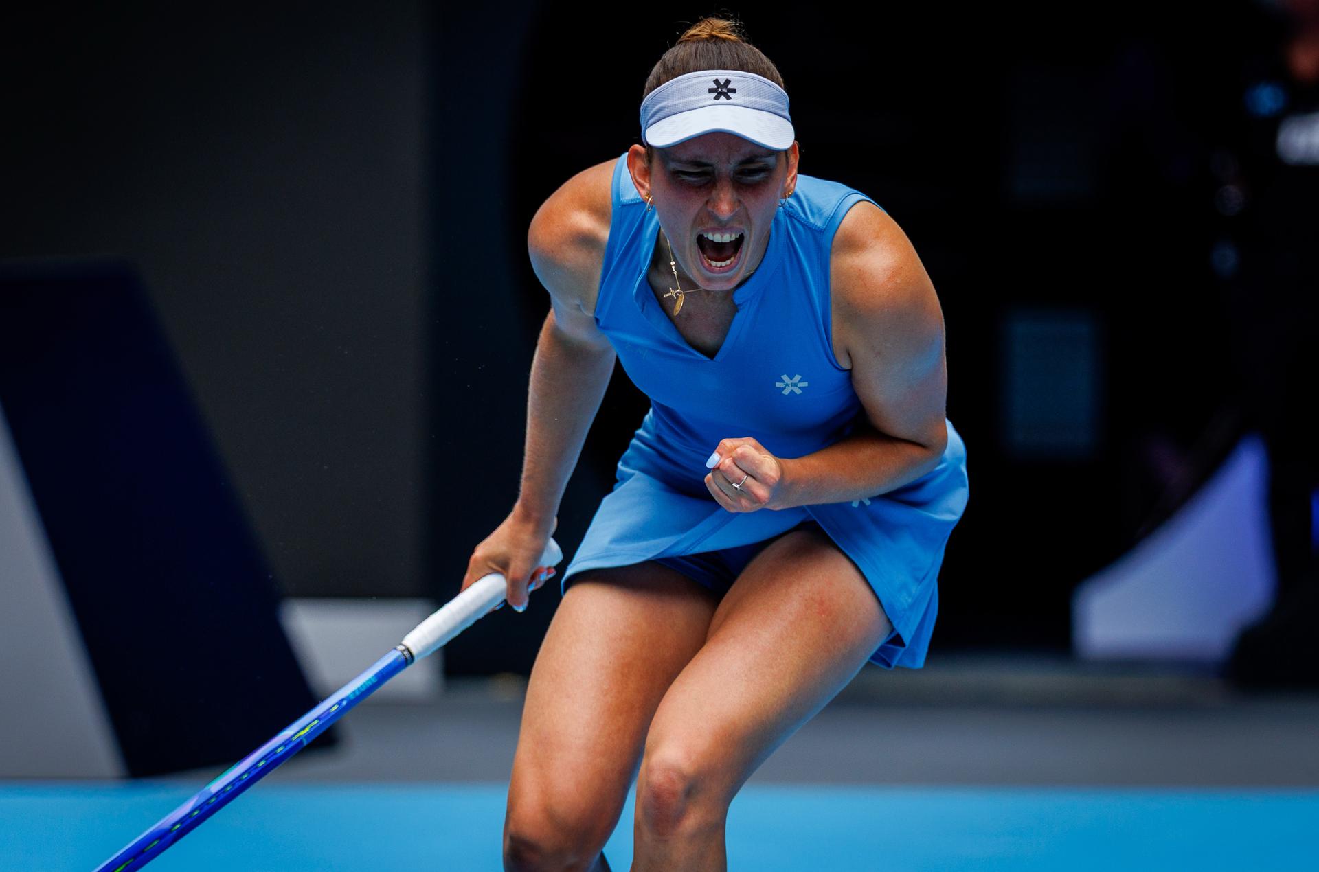 Belgian Elise Mertens pictured during a doubles tennis match between Belgian-Chinese pair Mertens-Zhang and Kazakh/Serbian pair Danilina/Krunic, in the final of the women doubles at the Australian Open, Melbourne Park, Melbourne on Saturday 31 January 2026. BELGA PHOTO PATRICK HAMILTON  --- BENELUX ONLY   ---