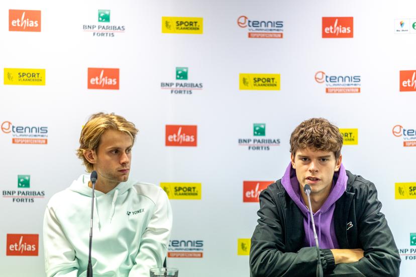 Belgian Zizou Bergs and Belgian Alexander Blockx answers questions during a press conference ahead of the European Open Tennis ATP tournament, in Antwerp, Friday 11 October 2024. BELGA PHOTO WARD VANDAEL