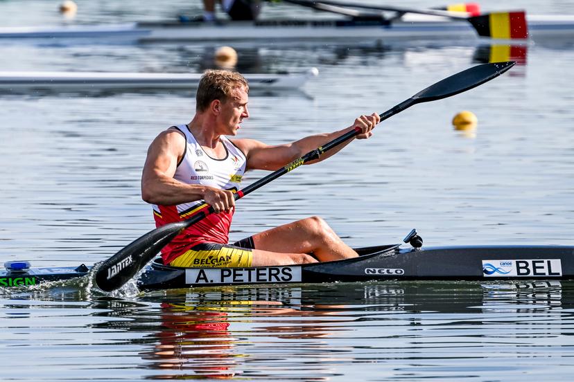 Red Torpedoes' kayaker Artuur Peters pictured in action during a training session ahead of and  a press conference organized by the Vlaamse Roeiliga and Peddelsport Vlaanderen, ahead of the Olympic Games in Parijs 2024, Friday 11 August 2023 in Willebroek. During this press conference, the selection criteria and the athletes towards the Paris Olympics will be presented. BELGA PHOTO TOM GOYVAERTS