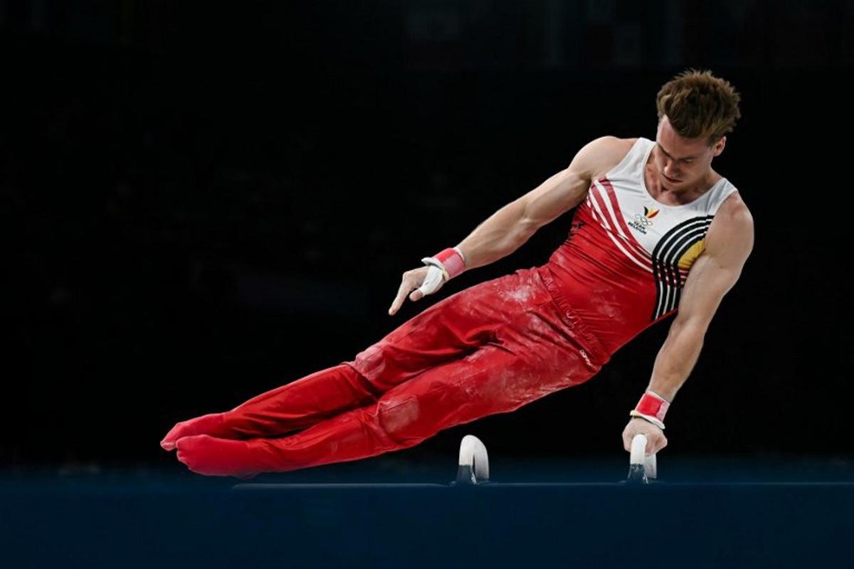 Belgium's Luka Van Den Keybus competes in the pommel horse event of the artistic gymnastics men's qualification during the Paris 2024 Olympic Games at the Bercy Arena in Paris, on July 27, 2024.  Paul ELLIS / AFP