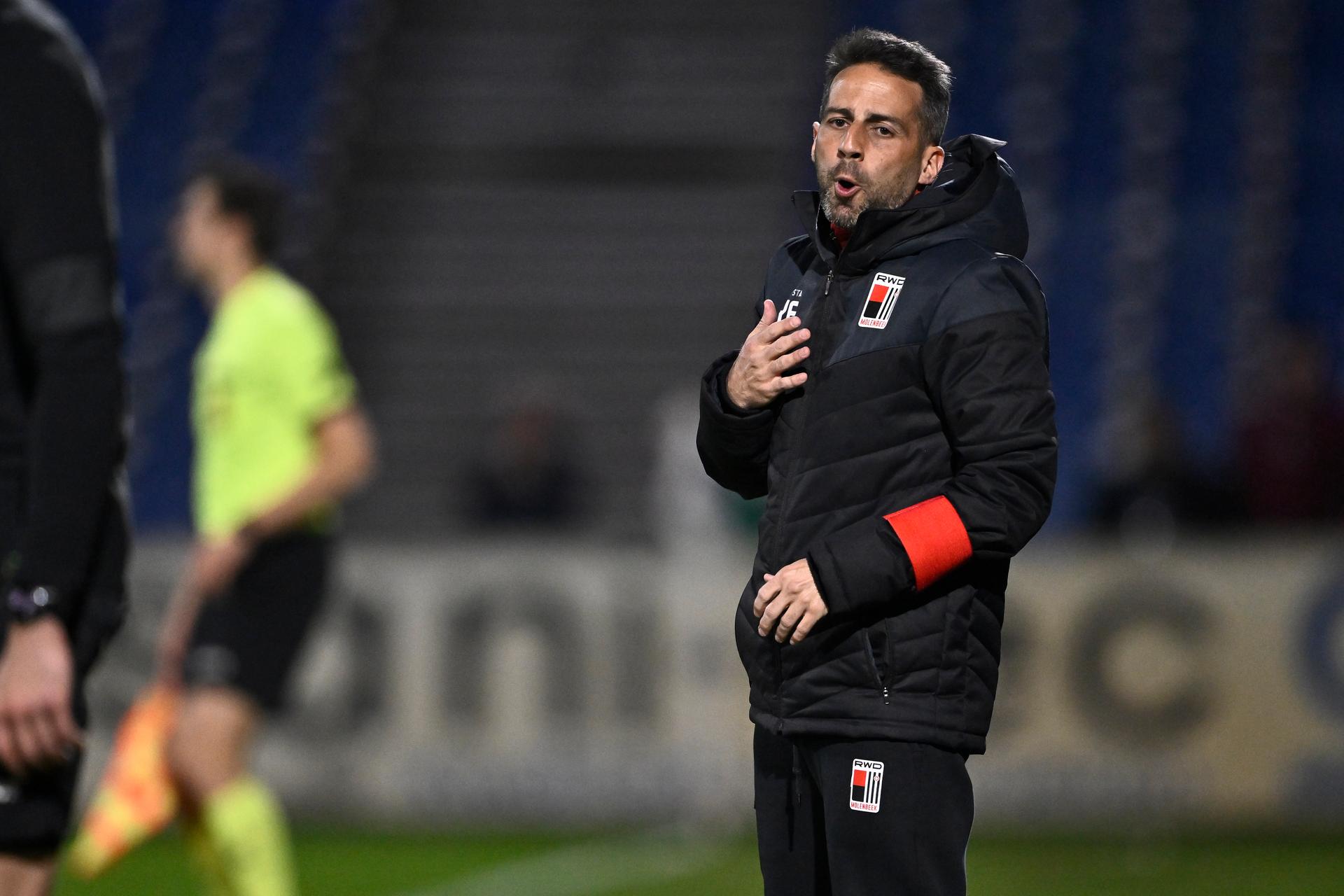 Rwdm's head coach Yannick Ferrera pictured during a soccer game between Patro Eisden Maasmechelen and RWD Molenbeek, in Maasmechelen, on day 28 of the 2024-2025 'Challenger Pro League' 1B second division of the Belgian championship, Friday 04 April 2025. BELGA PHOTO JOHAN EYCKENS