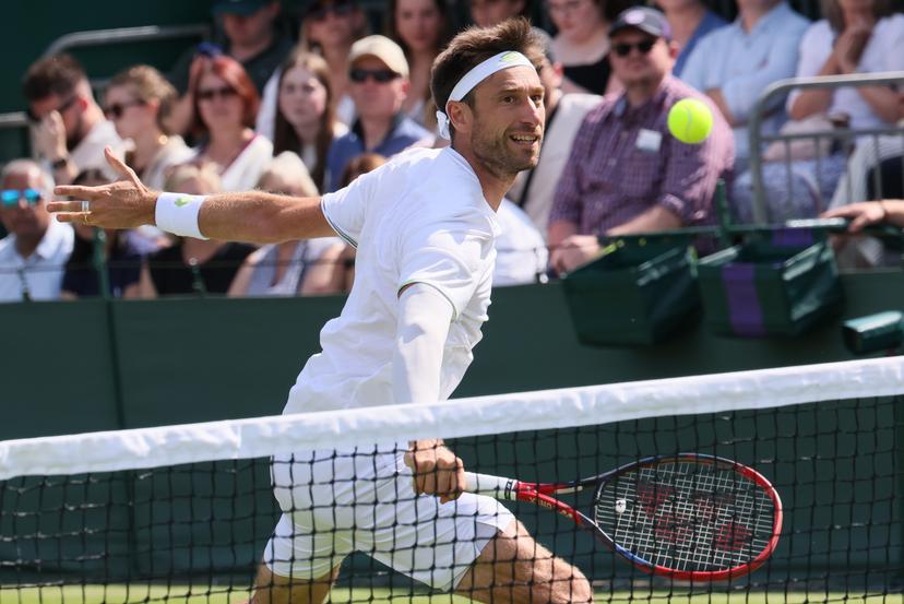 Belgian Sander Gille pictured in action during a doubles tennis match with Belgian-Indian pair Gille - Bopanna against German pair Putz - Krawietz, in the first round of the men's doubles at the 2025 Wimbledon grand slam tournament, Wednesday 02 July 2025 at the All England Tennis Club, in South-West London, Britain. BELGA PHOTO BENOIT DOPPAGNE