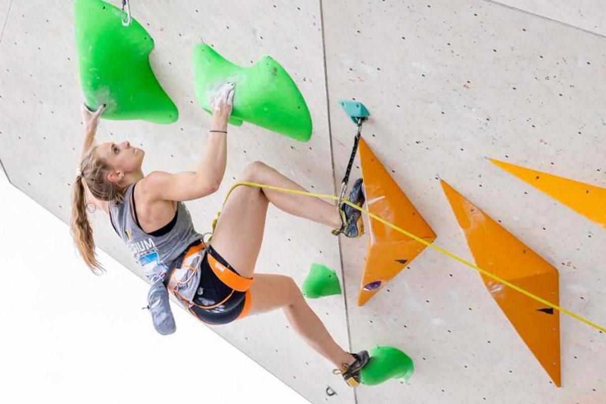 Belgium's Heloise Doumont competes during the semifinal of women Lead competition for the IFSC Climbing World Cup in Innsbruck, Austria, on June 25, 2021. Johann GRODER / APA / AFP Austria OUT SOUTH TYROL OUT