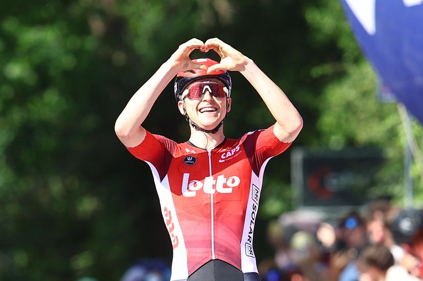 Belgian Jenno Berckmoes of Lotto Cycling Team celebrates as he crosses the finish line and win the stage 4 of the Baloise Belgium Tour cycling race, from and to Durbuy (173,4 km), Saturday 21 June 2025. The Baloise Belgium Tour takes place from 18 to 22 June. BELGA PHOTO DAVID PINTENS