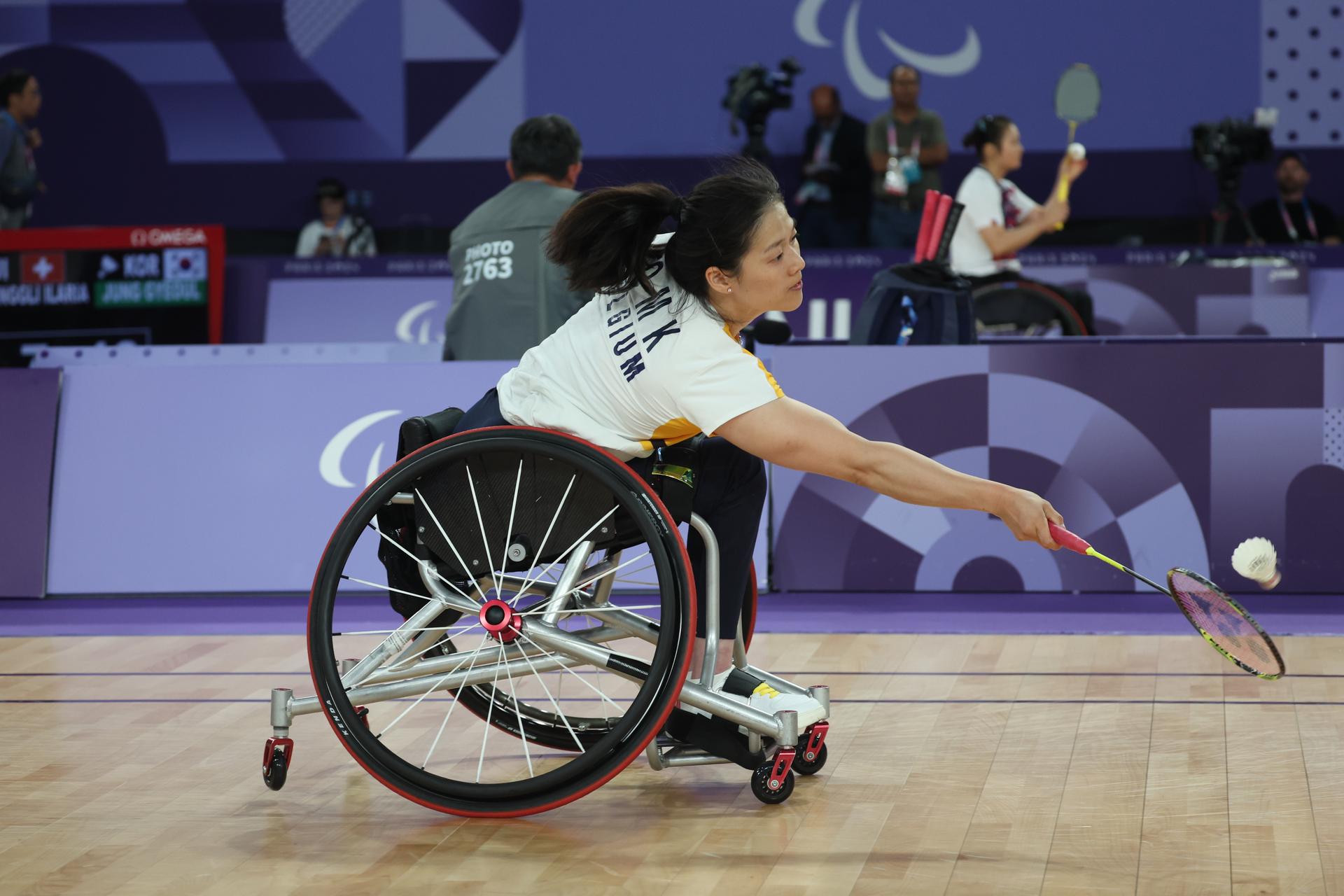 Belgian Man Kei To pictured in action during a quarter final game between Belgian To and Korean Kwon in the badminton single women competition in the category WH1, on day 4 of the 2024 Summer Paralympic Games in Paris, France on Saturday 31 August 2024. The 17th Paralympics are taking place from 28 August to 8 September 2024 in Paris. BELGA PHOTO VIRGINIE LEFOUR