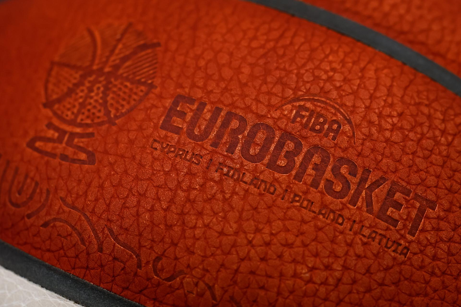 Illustration shows a basketball ball with the logo of FIBA Euro Basket, Thursday 21 August 2025 Euro is held in Cyprus, Finland, Poland and Latvia from August 27th to September 14th 2025. BELGA PHOTO WOJCIECH FIGURSKI - POLAND OUT -