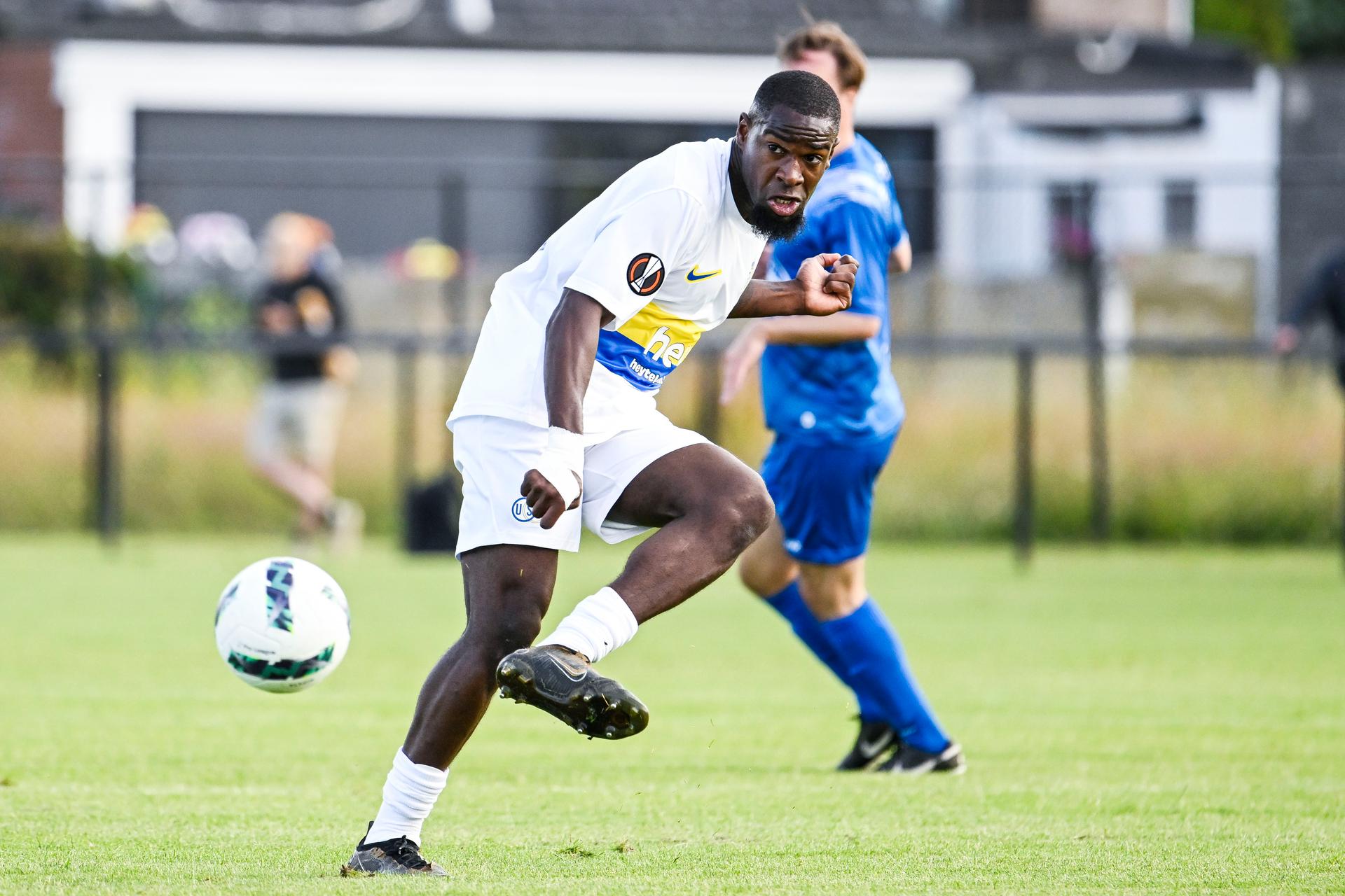 Union's Cristian Bokoya Makate pictured in action during a friendly soccer game between amateur club KFC Nijlen and 1st division team Union Saint-Gilloise, Tuesday 02 July 2024 in Merelbeke, in preparation of the upcoming 2024-2025 season of the Jupiler Pro League. BELGA PHOTO TOM GOYVAERTS