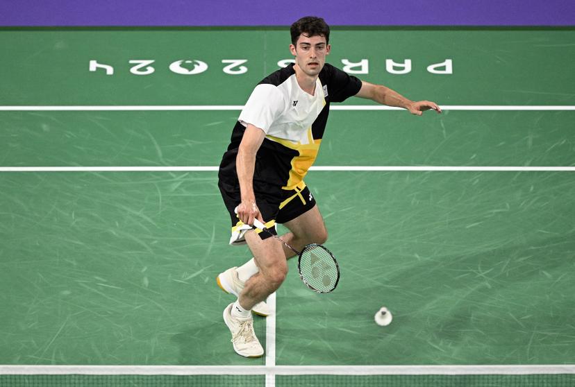 Belgian badminton player Julien Carraggi pictured in action during a badminton match against Indian Sen, in the group play stage of the men's singles tournament at the Paris 2024 Olympic Games, on Monday 29 July 2024 in Paris, France. The Games of the XXXIII Olympiad are taking place in Paris from 26 July to 11 August. The Belgian delegation counts 165 athletes competing in 21 sports. BELGA PHOTO JASPER JACOBS